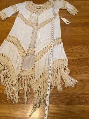 Dreamers Boho Fringe Crochet Trim kimono cardigan Swim Coverup in Cream size M thumbnail 11