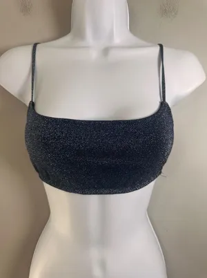 Triangl Midnight Blue Silver Sparkle Lurex‎ Bikini Top Small+ Square Neck Clasp thumbnail 1