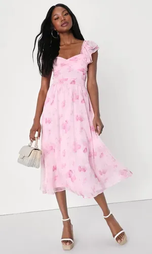 NWOT Lulus Loveliest Darling Light Pink Floral Ruffled Tie-Back Midi Dress. Size Medium thumbnail 1