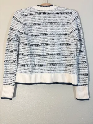 NWT Loft Blue White Stripe Tweed Textured Open Ribbed Cardigan Size S thumbnail 2