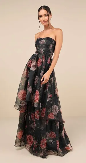 NWT Lulus Truly Extraordinary Black Floral Organza Strapless Maxi Dress Tube S thumbnail 1