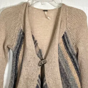 Free People Sz S Cardigan Toggle Closure Wool Blend Tan Blue Metallic thumbnail 3