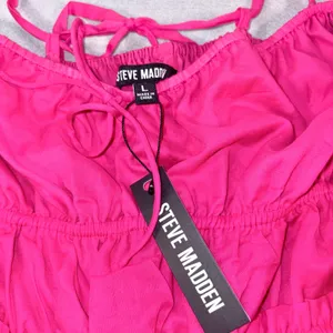 Steve Madden Pink Smocked Mini Dress BP208134 Cotton Babydoll Pockets NWT L thumbnail 3