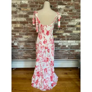 Red White Floral Toile Maxi Dress Tie Shoulder Low Back Tiered Hem Women Size L thumbnail 6