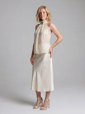 vintage Y2k Max Studio halter mock neck top cream sheer overlay Linen Resortwear thumbnail 5