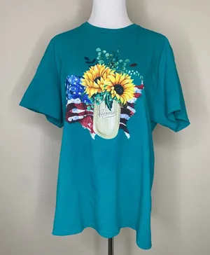 Delta Pro Weight Vintage Teal USA Sunflower Home Graphic Tee T Shirt Sz Large thumbnail 1