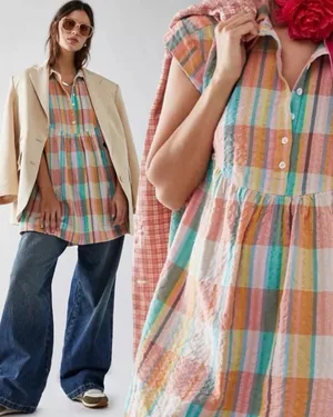 Free People Oversized Dreamers Madras Plaid Mini Dress Tunic Top Preppy Large thumbnail 2