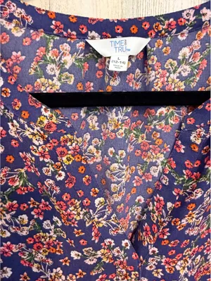 Time and Tru Floral Tiered Dress Women’s L 12-14 Long Sleeve Navy Boho thumbnail 5