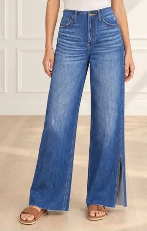 NWT EVEREVE Ever Slouchy Jeans Size 25 Dark Rinse High Rise Wide Leg Side Slit thumbnail 1