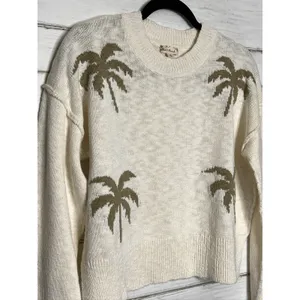 hem & thread Palm Tree Knit Sweater Medium Cotton Cream Olive Green Crew Neck thumbnail 2