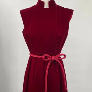 Vintage 60s Velvet Belted Tie Waist Mini Dress High Neck Stand Collar Maroon Red thumbnail 4