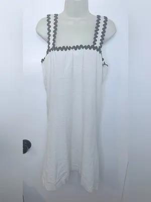4our Dreamers Size L Cream Linen Blend Dress Black Rickrack Trim Square Neck NWT thumbnail 2
