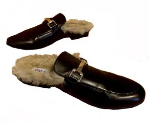 Steve Madden "Khloe” Black Leather With Faux Fur Lining Mule Slides (9) thumbnail 1