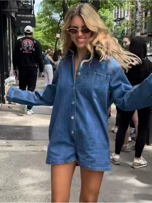 PARKE denim romper long sleeve button up playsuit collar patch dark wash thumbnail 5