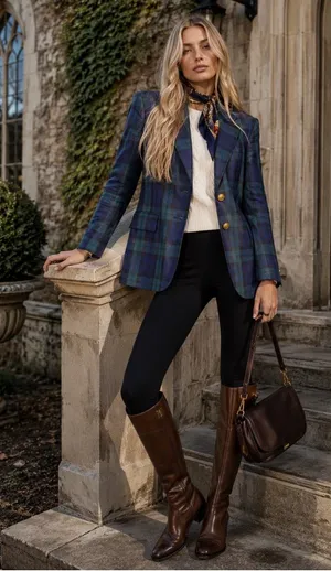 Lauren Ralph Lauren 10 Blue Green Tartan Plaid Linen Blazer Gold Crest Buttons thumbnail 1