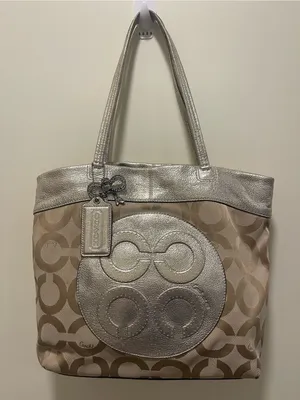 Coach JulieOp Art Tan Signature Tote/ Silver Metallic Trim❤️‍🔥needs lil clean thumbnail 1