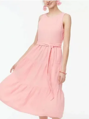 J. Crew Gauze Pink Sleeveless Tie-Waist Tiered Midi Dress Size 6 Spring/Summer thumbnail 2