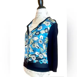 Ann Taylor Navy Silk Panel Floral Print Button Up Cardigan Sz S Like New! thumbnail 2