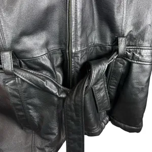 PELLE Black Genuine Leather Hooded Belted Faux Fur Lined Full Zip Jacket‎ Size L thumbnail 4
