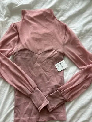 Free People Pink Sheer-Sleeve Mock Neck Top thumbnail 1