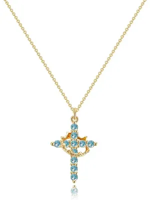 Gold-Tone Cross Pendant Necklace with Blue Crystal Accents thumbnail 3