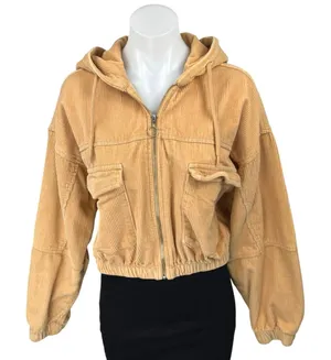 Urban Outfitters BDG Tan Corduroy Zip Up Hooded Hoodie Crop Bomber Coat Jacket M thumbnail 1