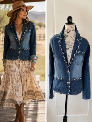 Vintage New Identity Denim Jacket Boho Lace Trim Button Front Cotton India~ M💛 Blue Size M thumbnail 2