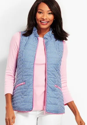 Talbots‎ Womens Blue Gingham Quilted Puffer Vest Pink Trim Full Zip XS Pockets thumbnail 1