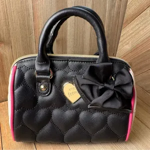 Betsey Johnson Small Mini Satchel Bag Shoulder Strap Black Pink Quilted‎ Heart thumbnail 2
