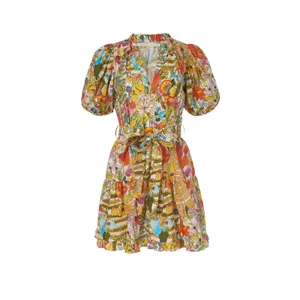 Marie Oliver Clara Floral Palm Mini‎ Dress Sz XS Multi Puff Sleeve Tiered Resort thumbnail 12