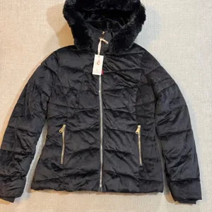 Red Marine Black Velvet Puffer Jacket Women Size Medium Faux Fur Hood NWT thumbnail 1