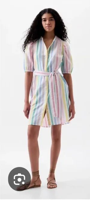 GAP Linen Blend Rainbow Stripe Puff Sleeve Dress S thumbnail 1