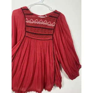 Free People Red Boho Embroidered Lace Peasant Top Women’s Size S/p thumbnail 5