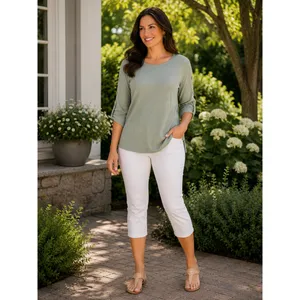 Women's Sage Green XL Ribbed Knit Top Stud Sleeve 3/4 Sleeve Stretch Blouse thumbnail 2