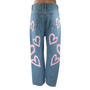 Colorful Natalie Blue Pink Hearts High Waisted Baggy Wide Leg Denim Jeans Size L thumbnail 3