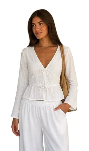 NWT Hollister Women’s White Swiss Dot Tie Front Peplum Blouse Long Sleeve XS thumbnail 1