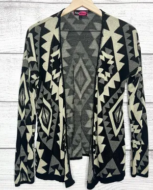 Say What? Black & Cream Aztec Open Front Cardigan Sweater Size Large Southwest thumbnail 1