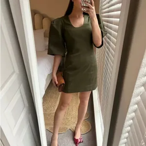 Tuckernuck Ariella Mini Dress XS Olive Green Twill Puff Sleeve Utility NWT thumbnail 10