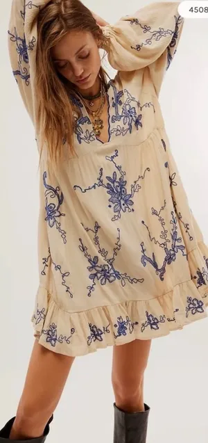 Free People Embroidered Boho Mini Dress Cream Blue Floral V-Neck Peasant Medium thumbnail 1