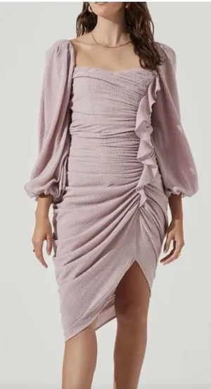 ASTR the Label Athens Ruched Puff Sleeve Shimmer Midi Dress Pink S thumbnail 1