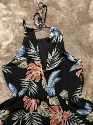Final Touch Romper Women’s Size S Black with Coral and Blue Leaf Accents thumbnail 10