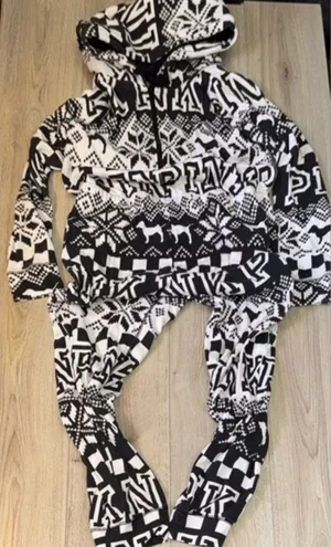 Victoria’s Secret pink Black and White logo pajama set hoodie pj onesie thumbnail 1