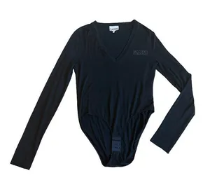 Ganni Software Black Deep V Neck Long Sleeve Fitted Bodysuit Scoop Large Women's thumbnail 1