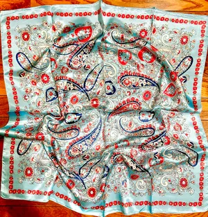 VINTAGE aqua blue paisley super boho print oversized silky scarf 35/35 thumbnail 1