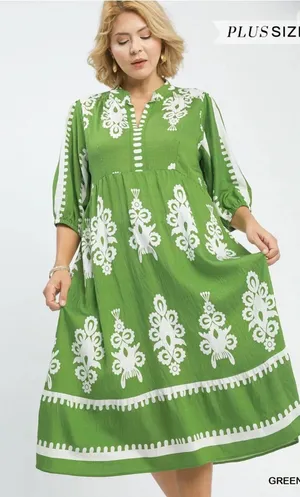 New! Umgee Plus Size Green Cream Abstract Midi Dress Size 1X thumbnail 1