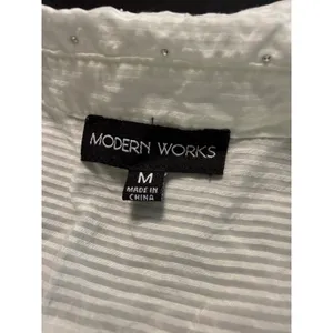 Modern Works White‎ Striped rhinestone Short Puff Sleeve Button Down Blouse thumbnail 2