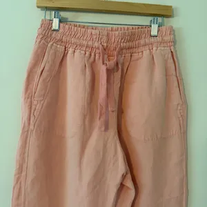 ZARA Linen Blend Smocked Waist Raw Hem Straight Leg Trousers Peach Womens Size M thumbnail 3