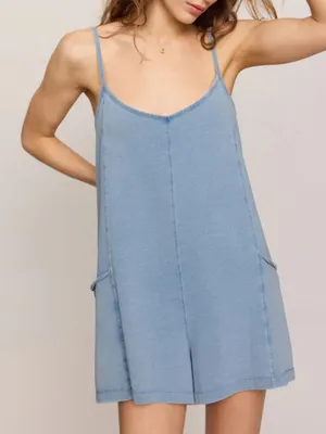Sincerely Jules Romper Playsuit in Chambray Size Large with Pockets Flowy Boho thumbnail 1