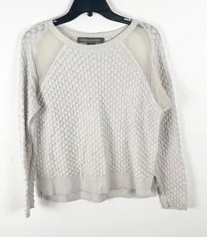 FRENCH CONNECTION Off White Wool Blend Mesh Sleeves Textured Sweater Small thumbnail 1