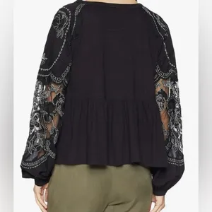 Free People embellished penny black long sleeve sheer sleeve detail top tee thumbnail 2
